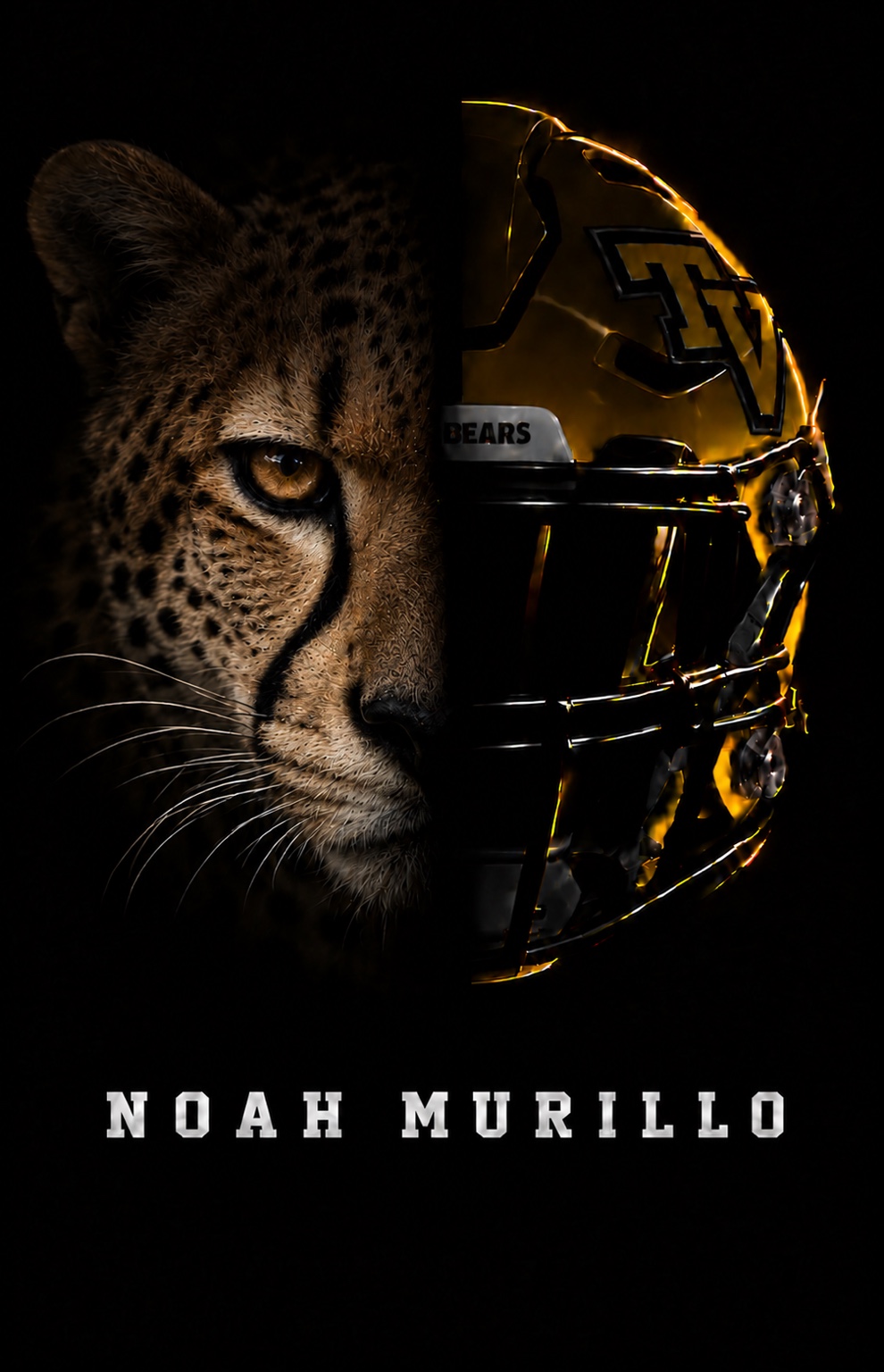 Noah Murillo signature artwork: a realistic cheetah face paired with a gold Temecula Valley football helmet